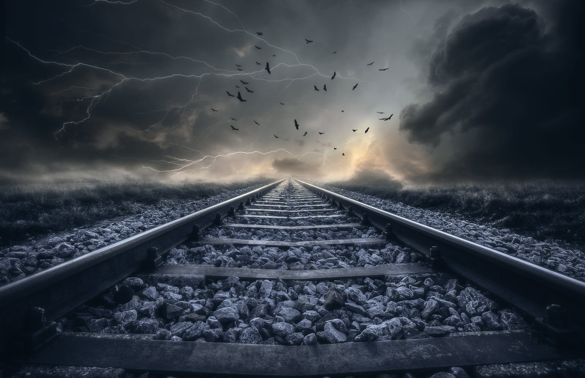photography of train rail Track Storm Landscape Railway Clouds 2k