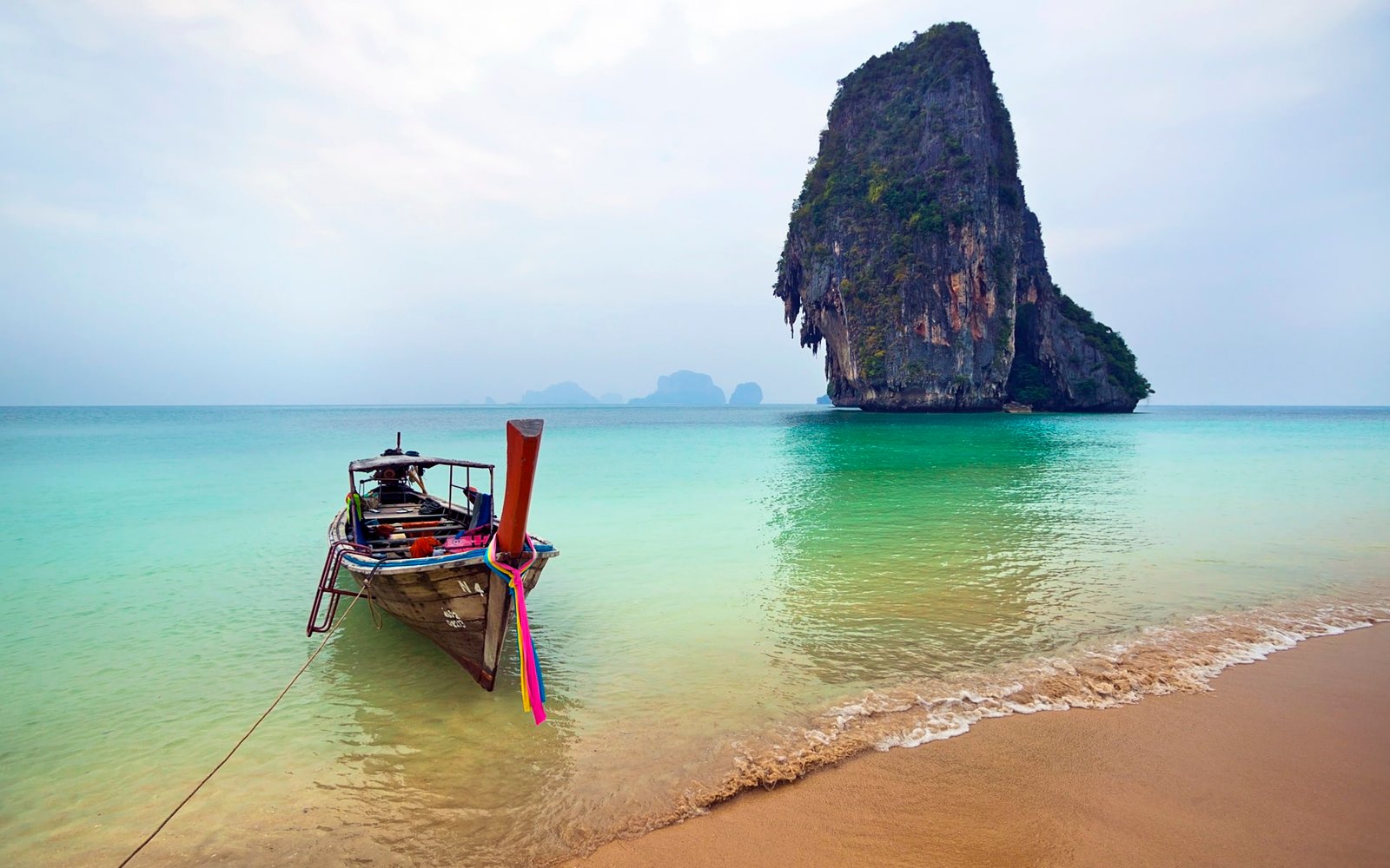 Phra Nang Beach Krabi Ocean With Turquoise Green Water Sandy Boat Rock In The Sea Wallpaper For Desktop 2k