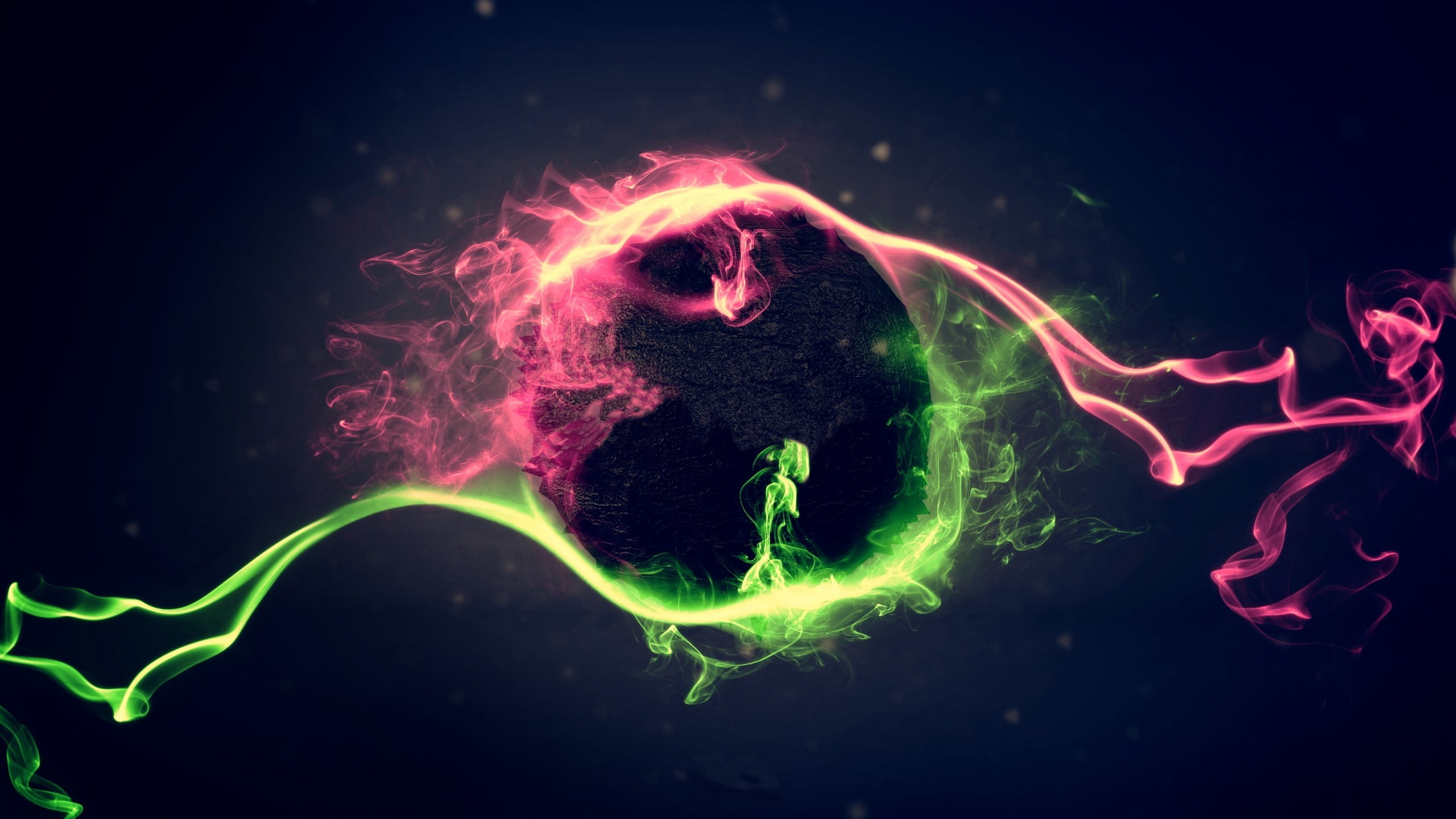 pink and green energy collide digital wallpaper colliding smoke 2k