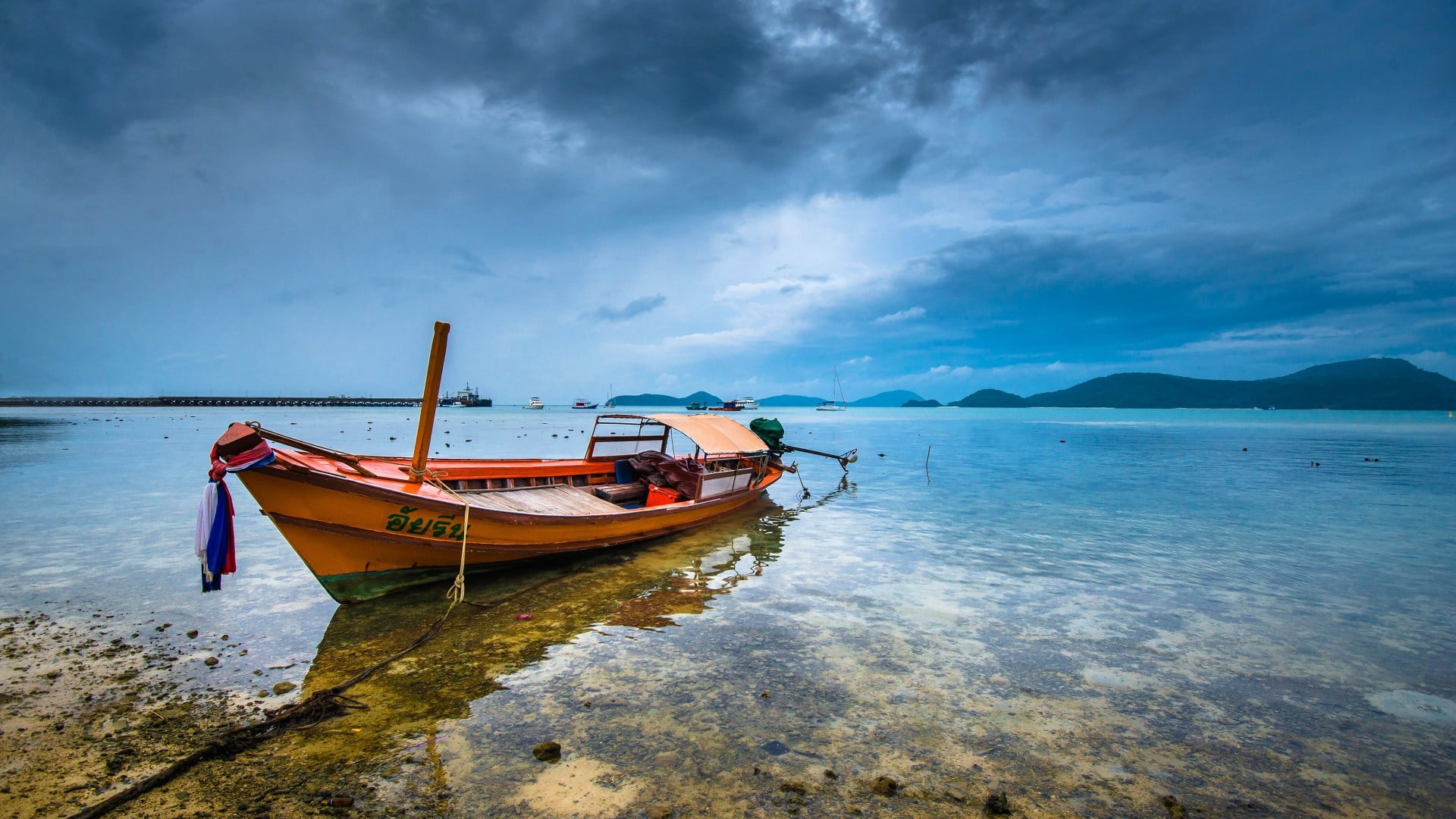 red wooden boat nature landscape water clouds reflection 2k