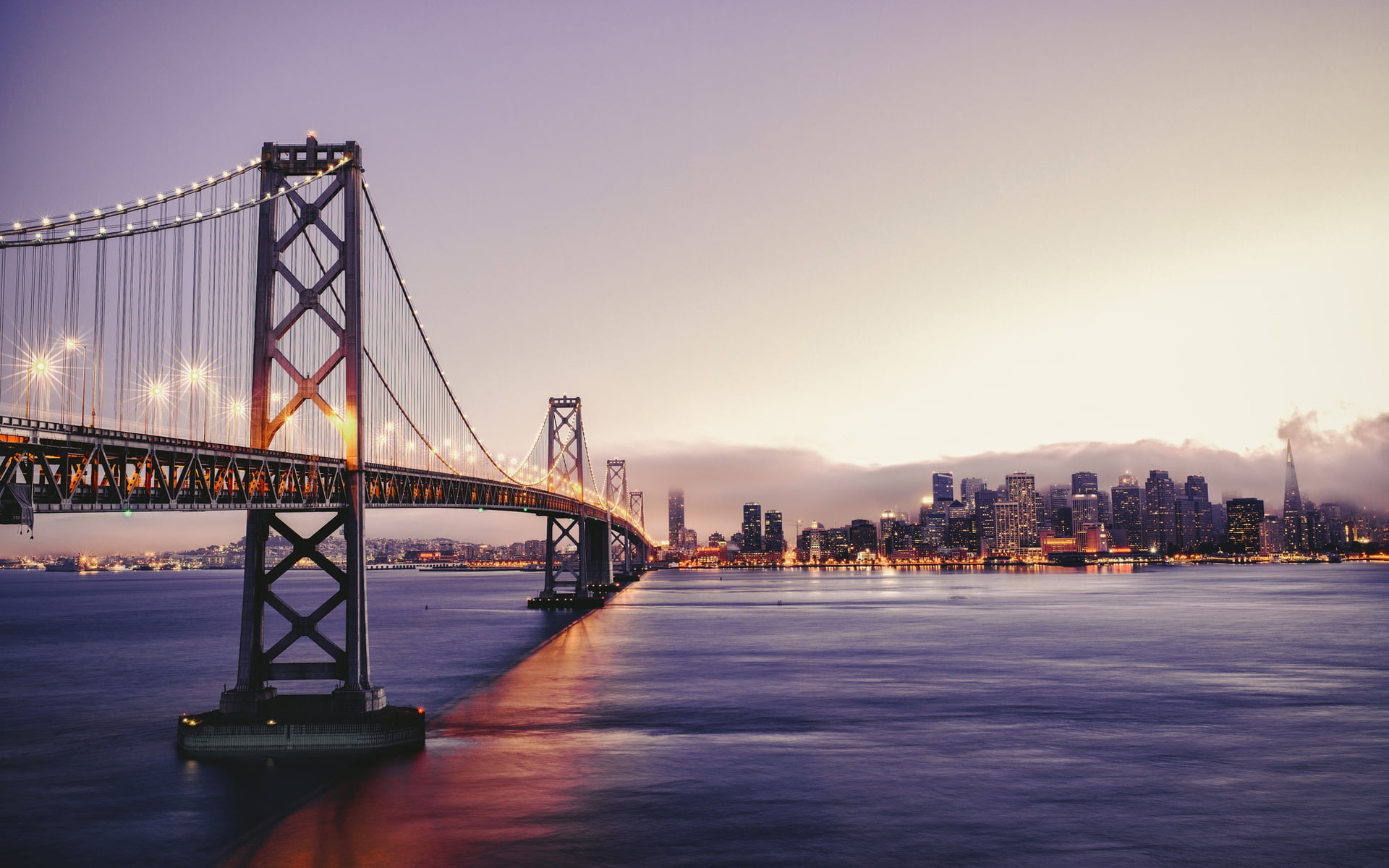 San Francisco beautiful scenery dusk bay bridge lights skyscrapers 2k