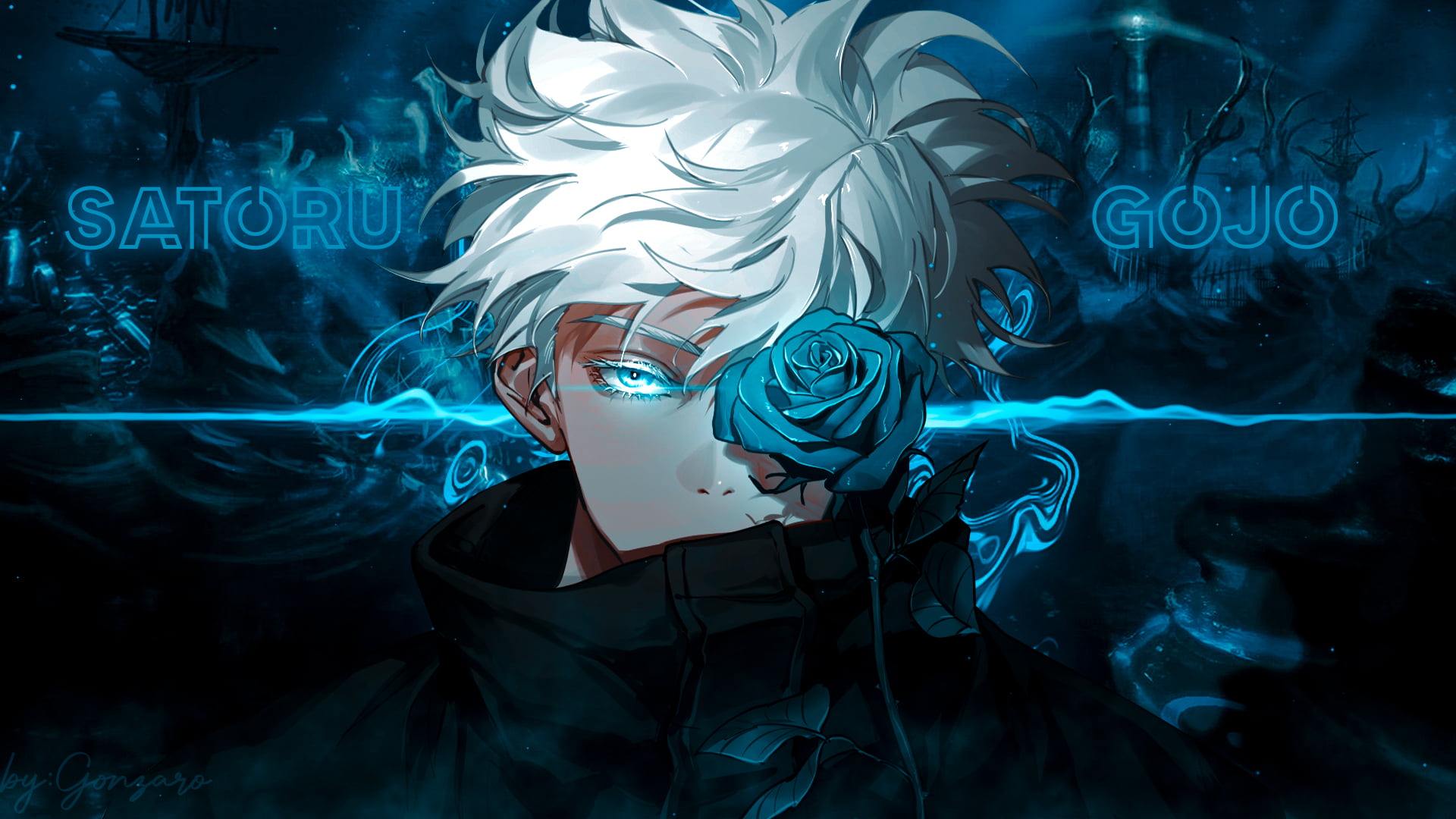 Satoru Gojo blue eyes Jujutsu Kaisen Jujutsukaisen white hair 2k