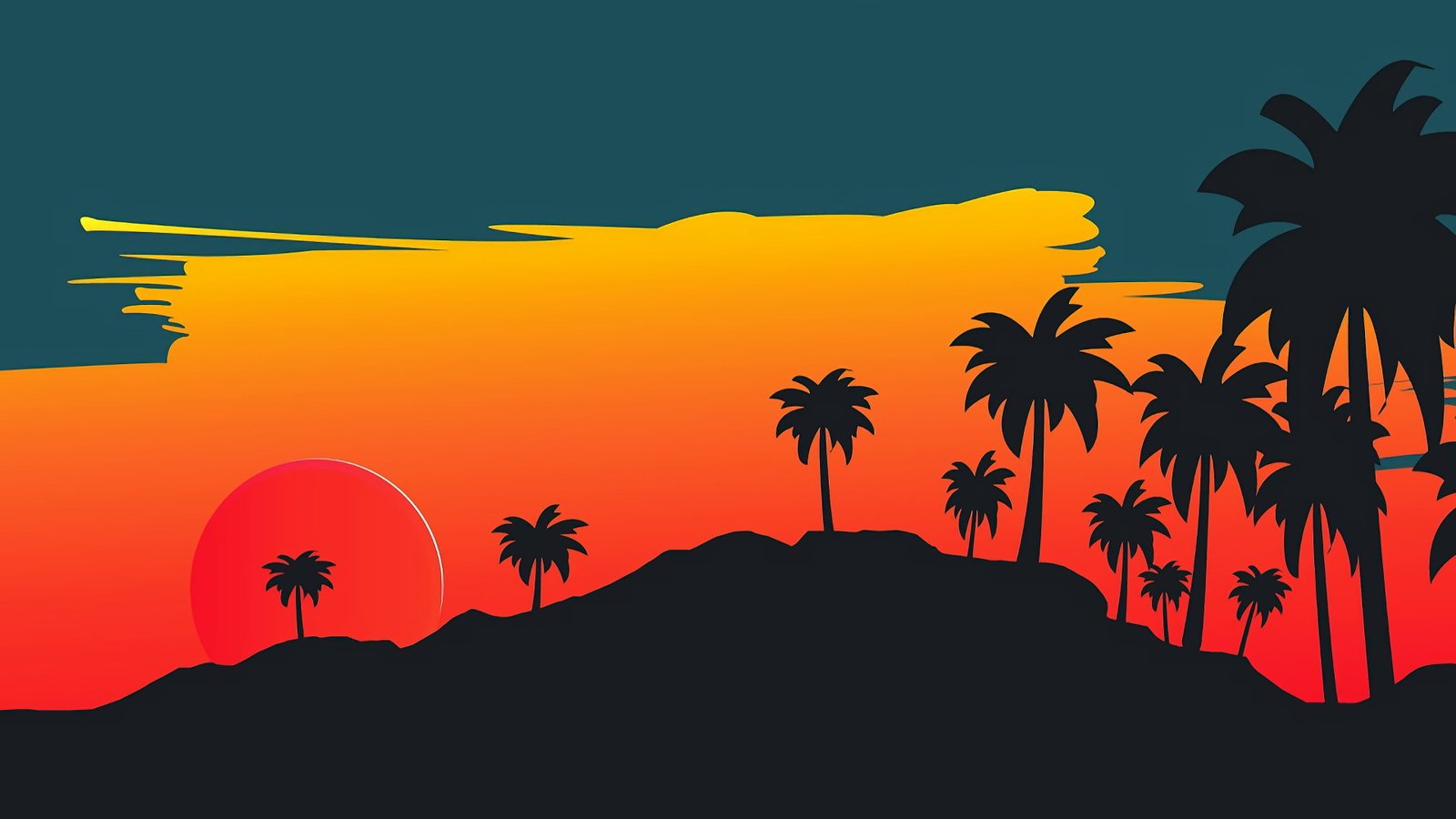 silhouette of coconut trees painting digital art landscape 2k 4k