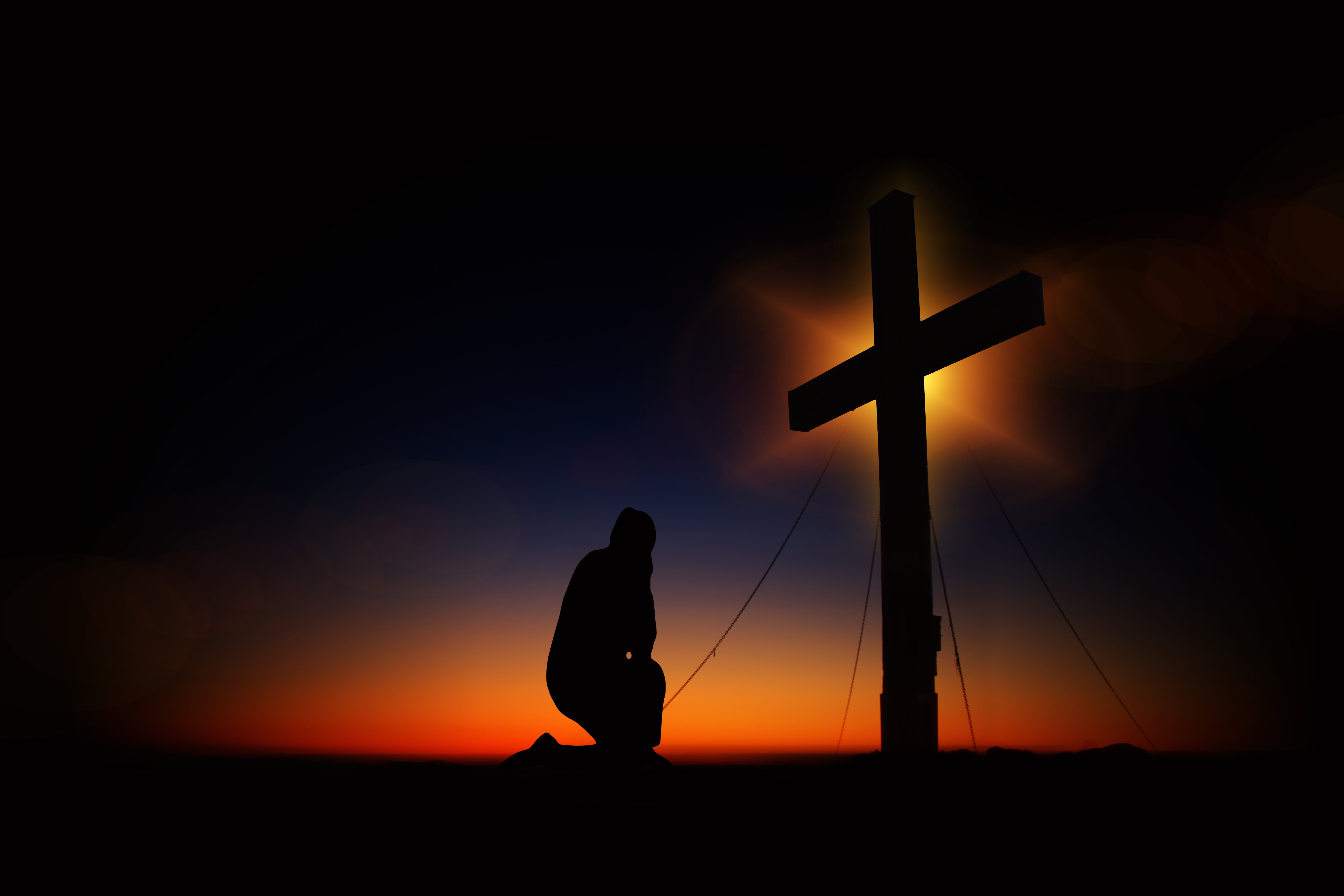 silhouette of man kneeling in front a cross sunset humility 2k 4k 5k