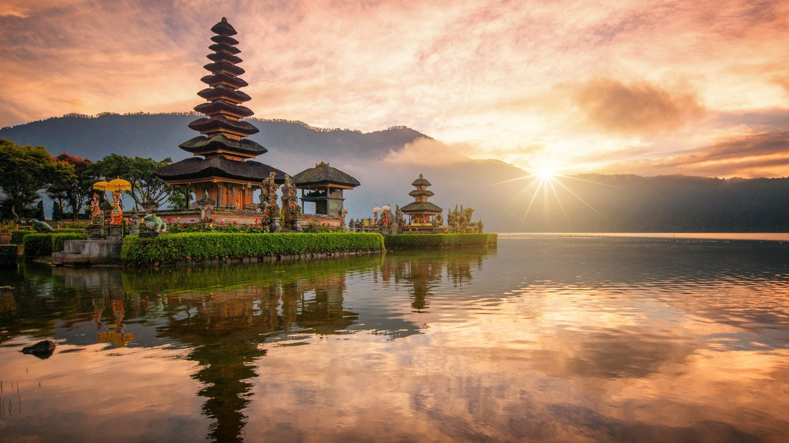Sun clouds sky mountains lake water ripples Asian architecture 2k