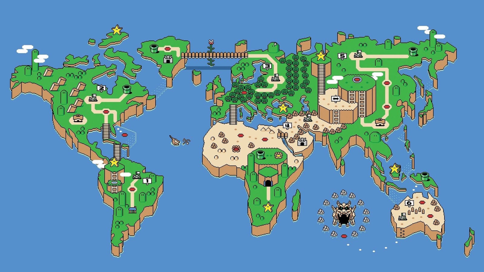 Super Mario World Map digital wallpaper SNES retro games pixels 2k