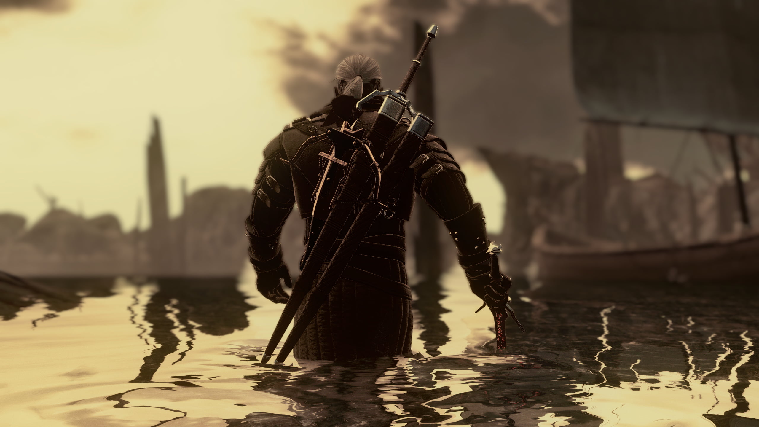 The Witcher video games sword water reflection Geralt of Rivia 2k