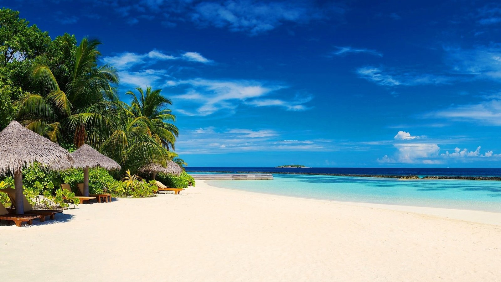 three beach huts landscape tropical sky sea water climate 2k