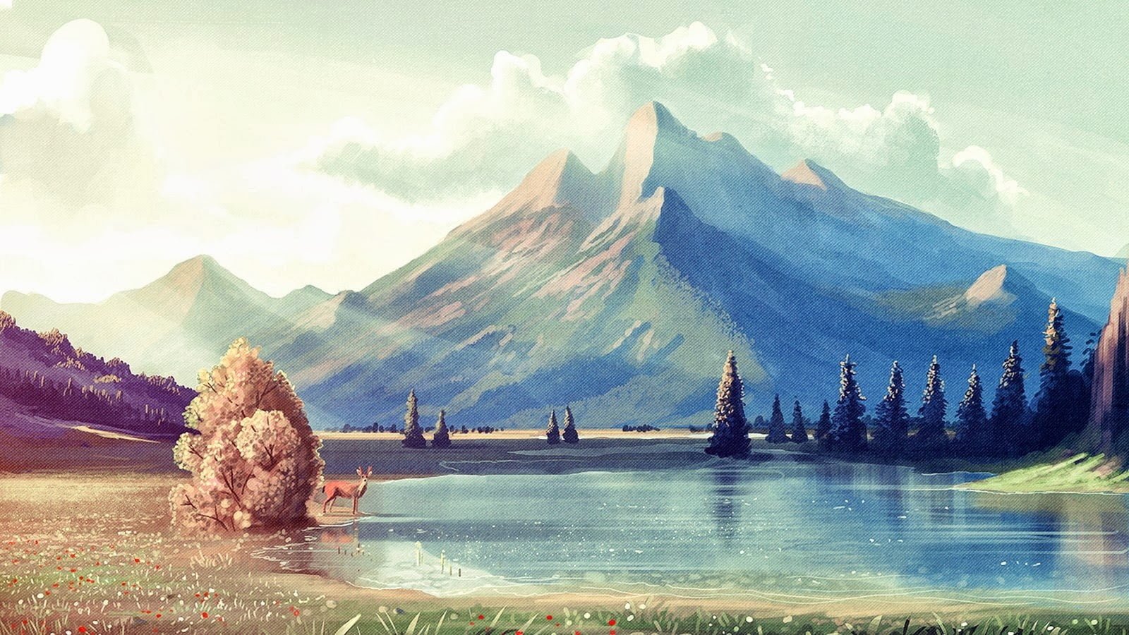 trees body of water and mountain digital art nature mountains 2k