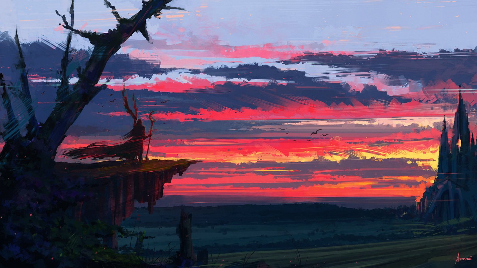 trees mountains and clouds painting Aenami digital art landscape 2k