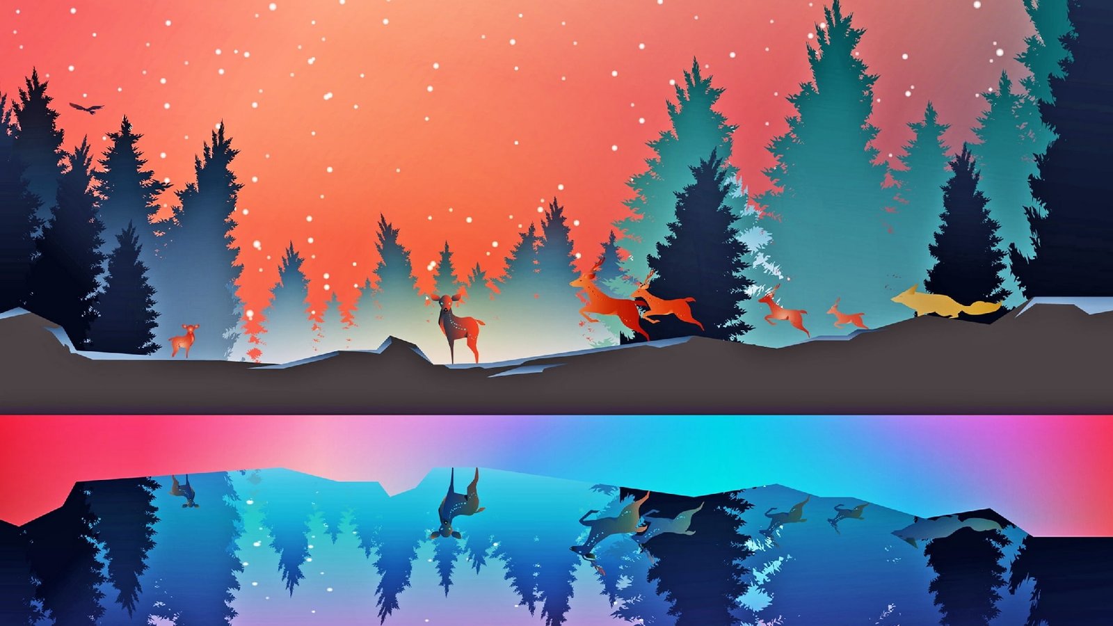 forest minimalist lake reflection pine trees wild animals 2k
