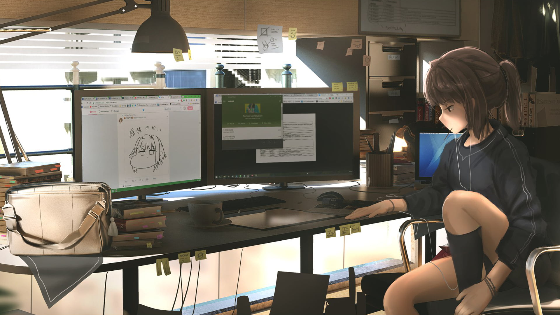 girl anime character sitting on chair infront of the table with computer monitors 81 2k