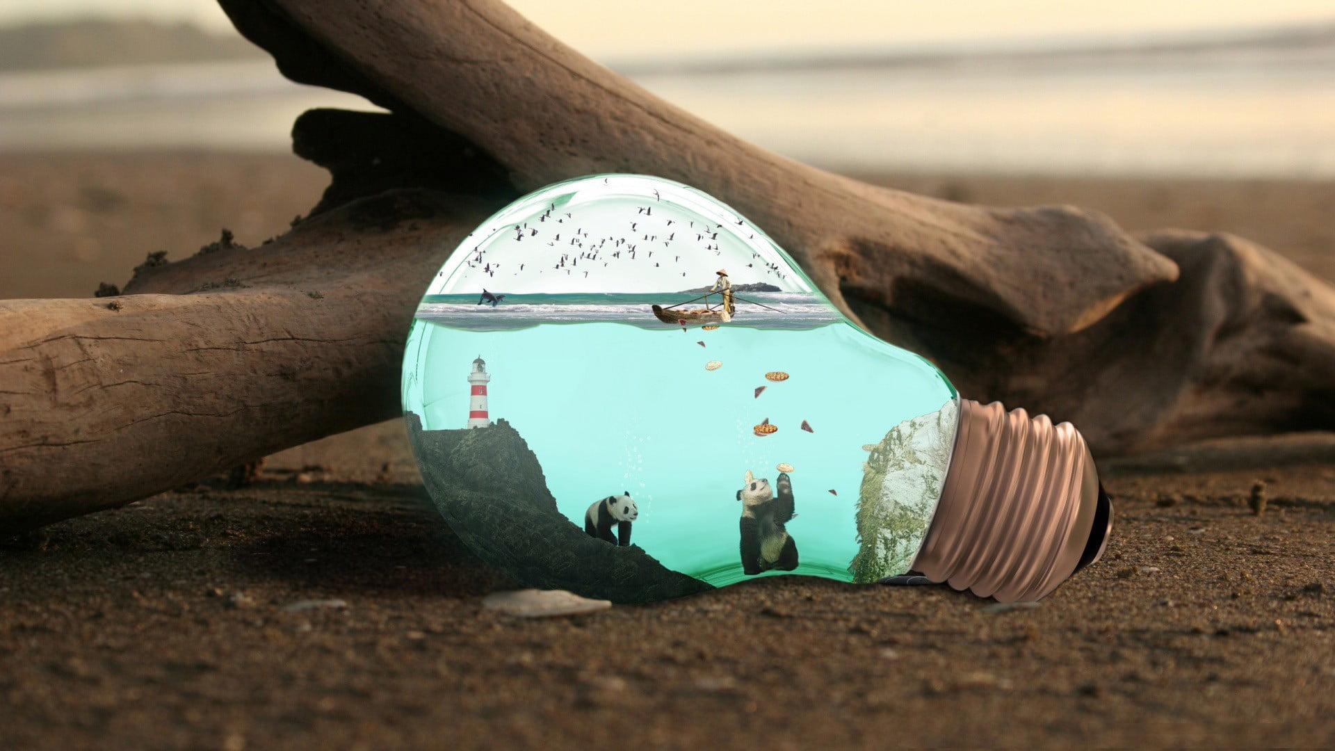 glass light bulb digital art panda wood lighthouse sea land 2k