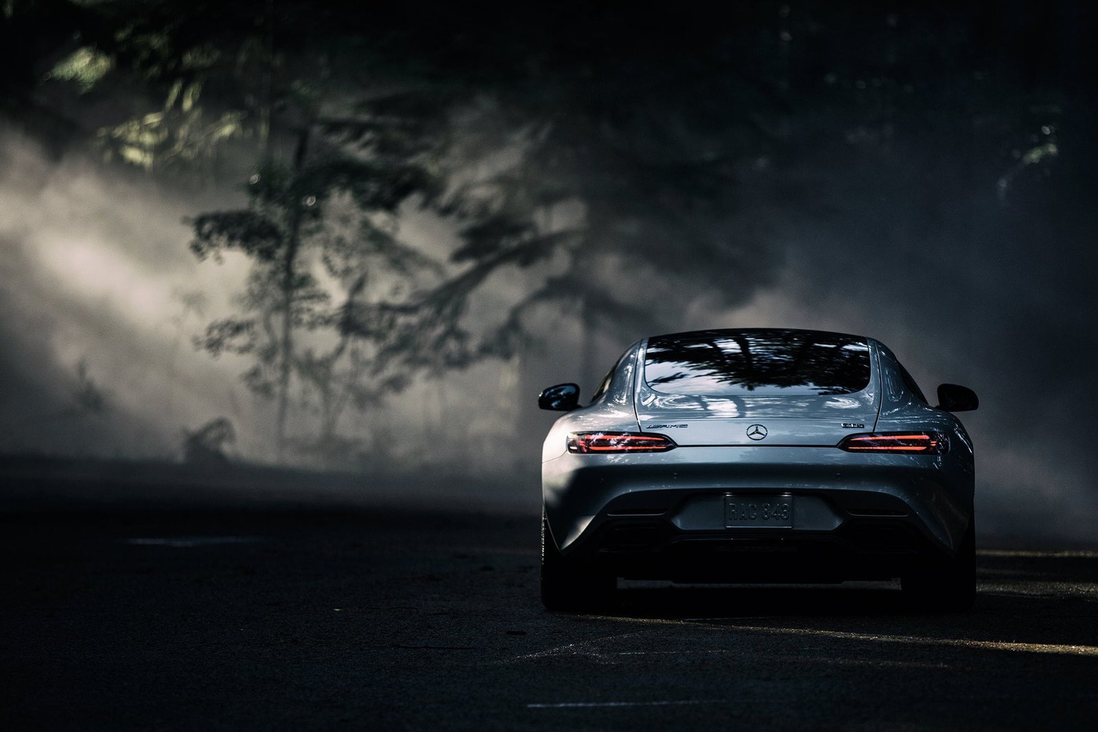 gray Mercedes Benz car amg gt s rear view road land Vehicle 2k