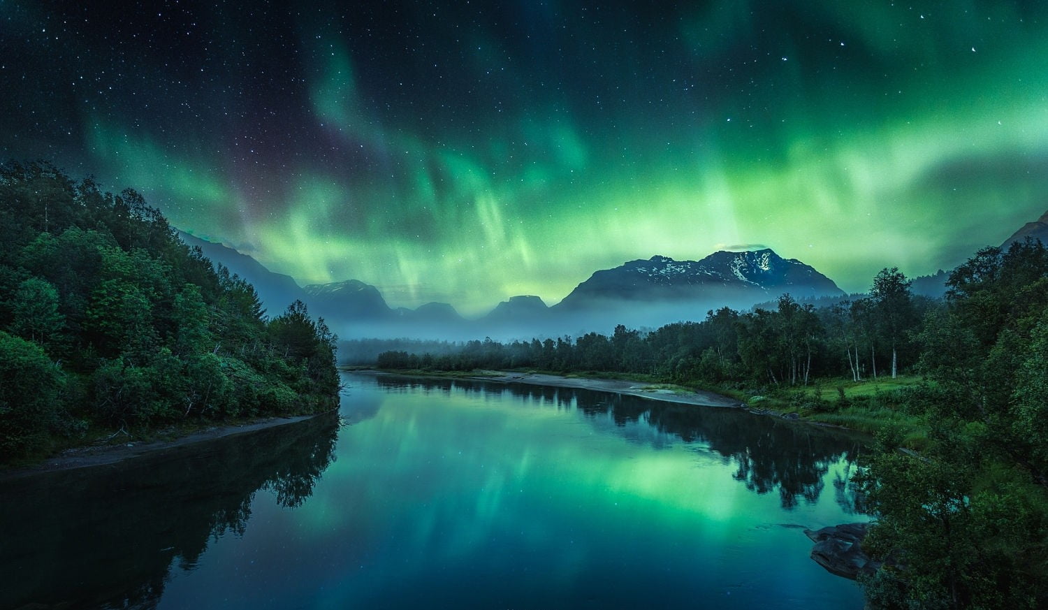 green tree photography nature landscape river aurora borealis 2k