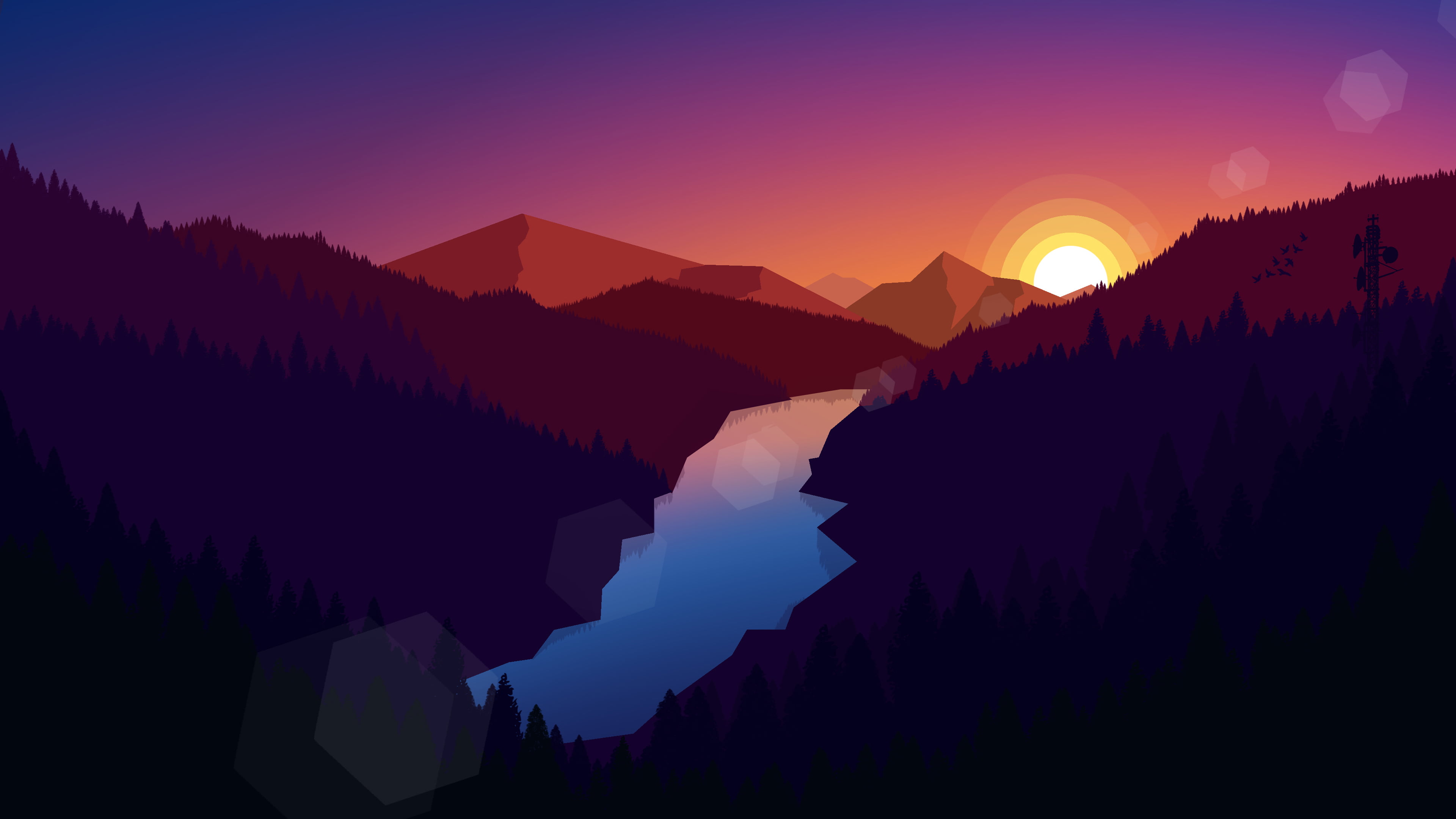 illustration landscape mountains nature sunset river digital art 2k 4k