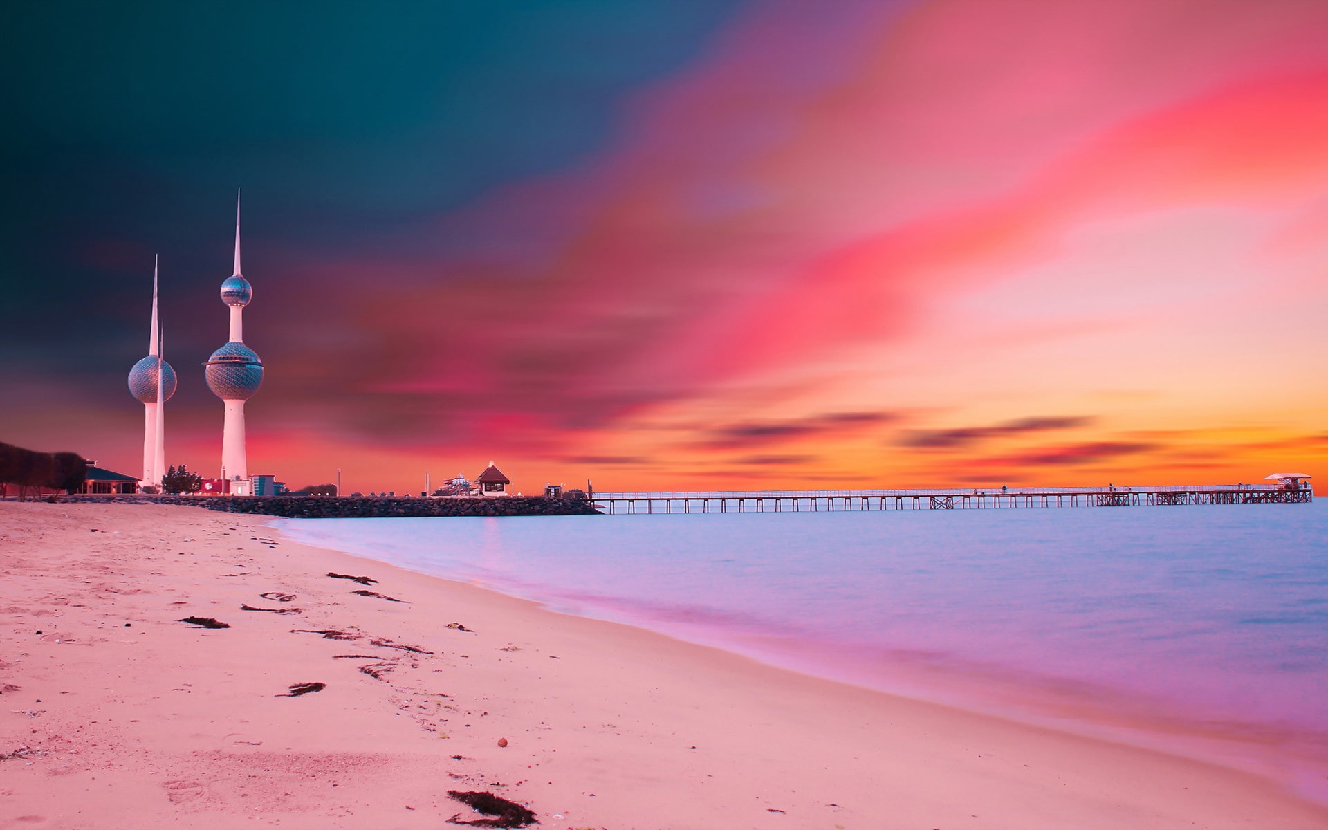 Kuwait Towers sunset bridge beach coast 2k