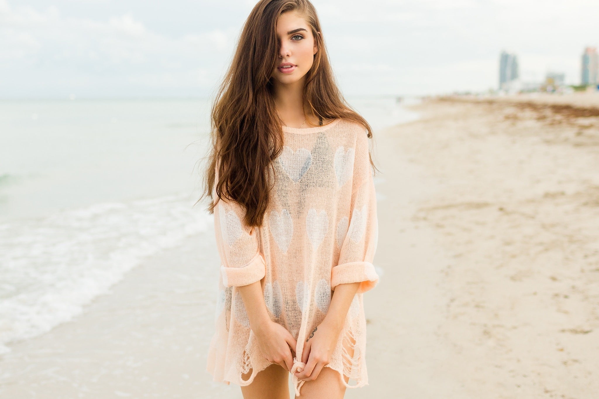 John Schell women model looking at viewer long hair auburn 2k