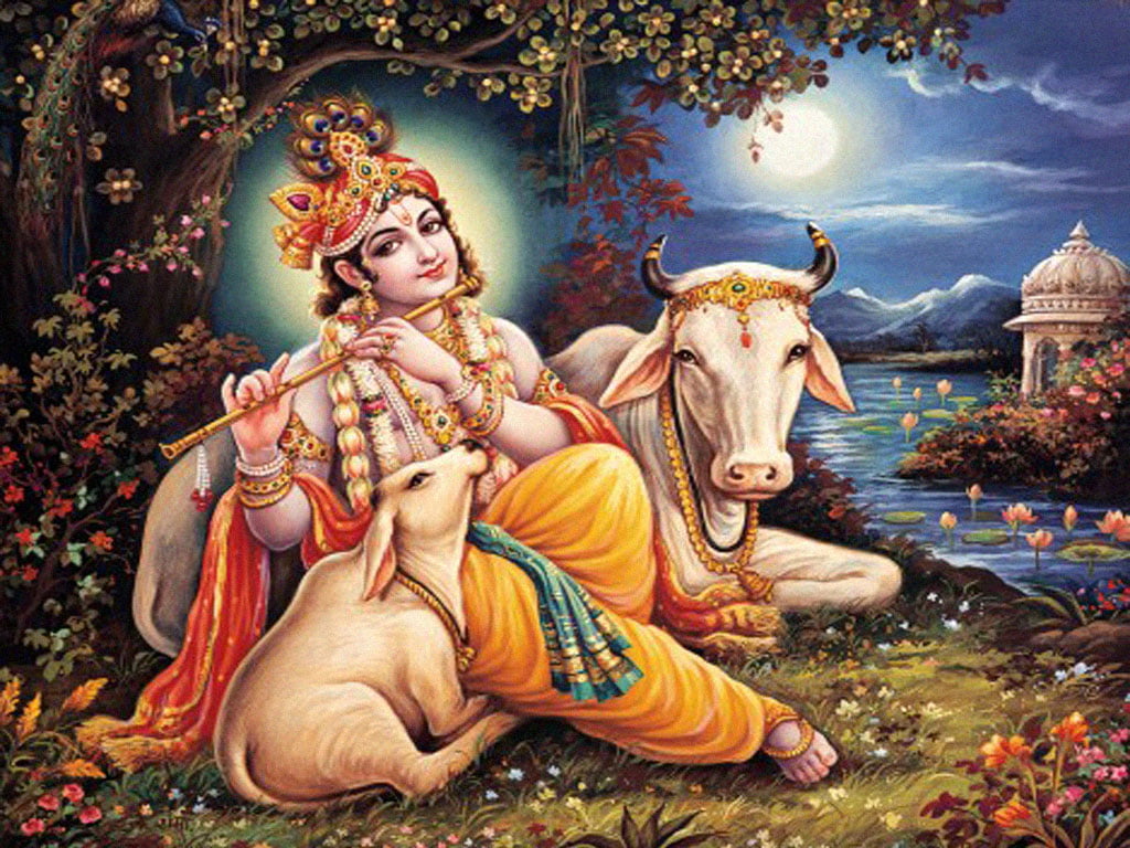Lord Krishna And Cow illustration God playing flute