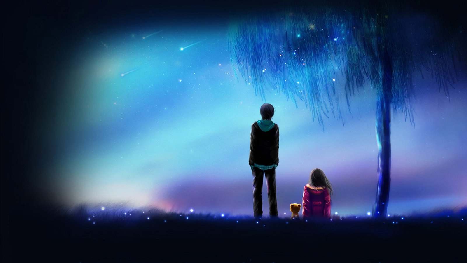 Meteor anime boy girl love night friends 2k