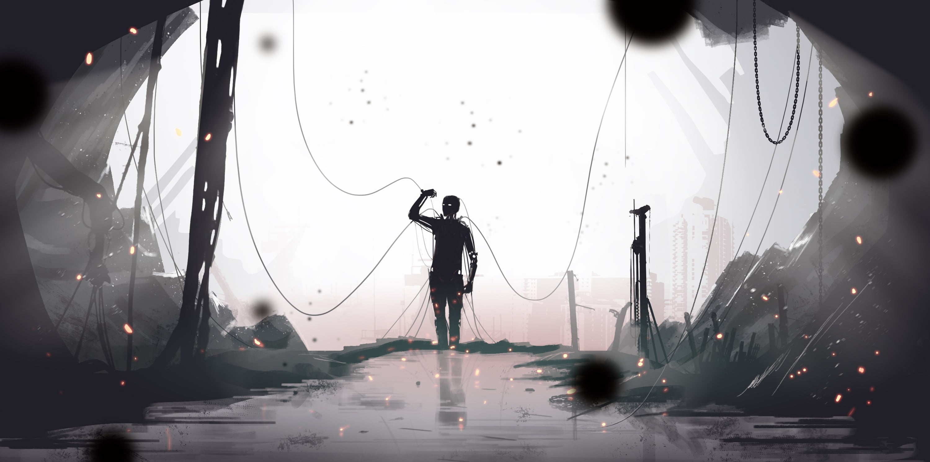 man near cave digital art robot cyberpunk science fiction 2k