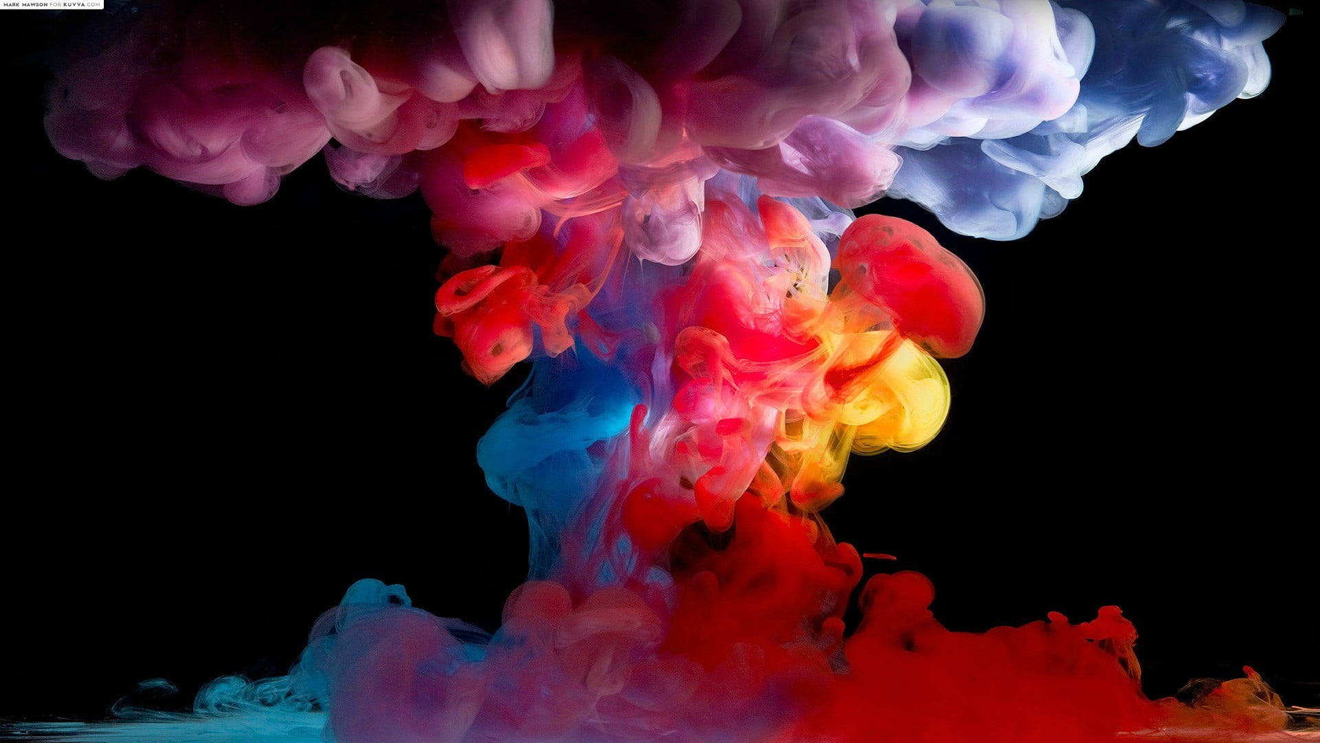 multicolored mushroom smoke paint in water black background 2k