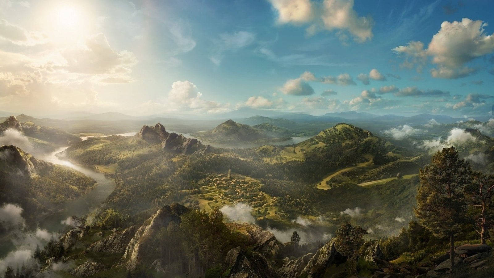 nature wallpaper fantasy art landscape summer mountains trees 2k