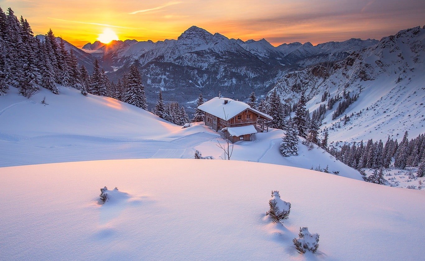 nature landscape Tyrol winter cabin mountains pine trees