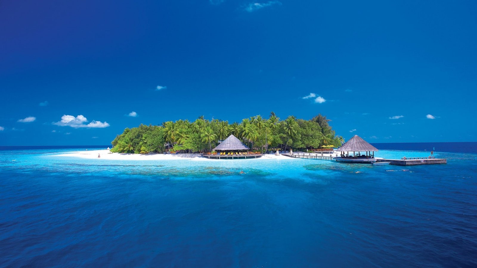 Oceans islands palm trees cottage blue sky pier picture beautiful sea landscape beach 2k