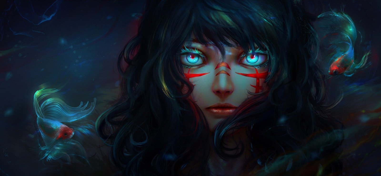 original characters digital art anime girls blue eyes fish 2k