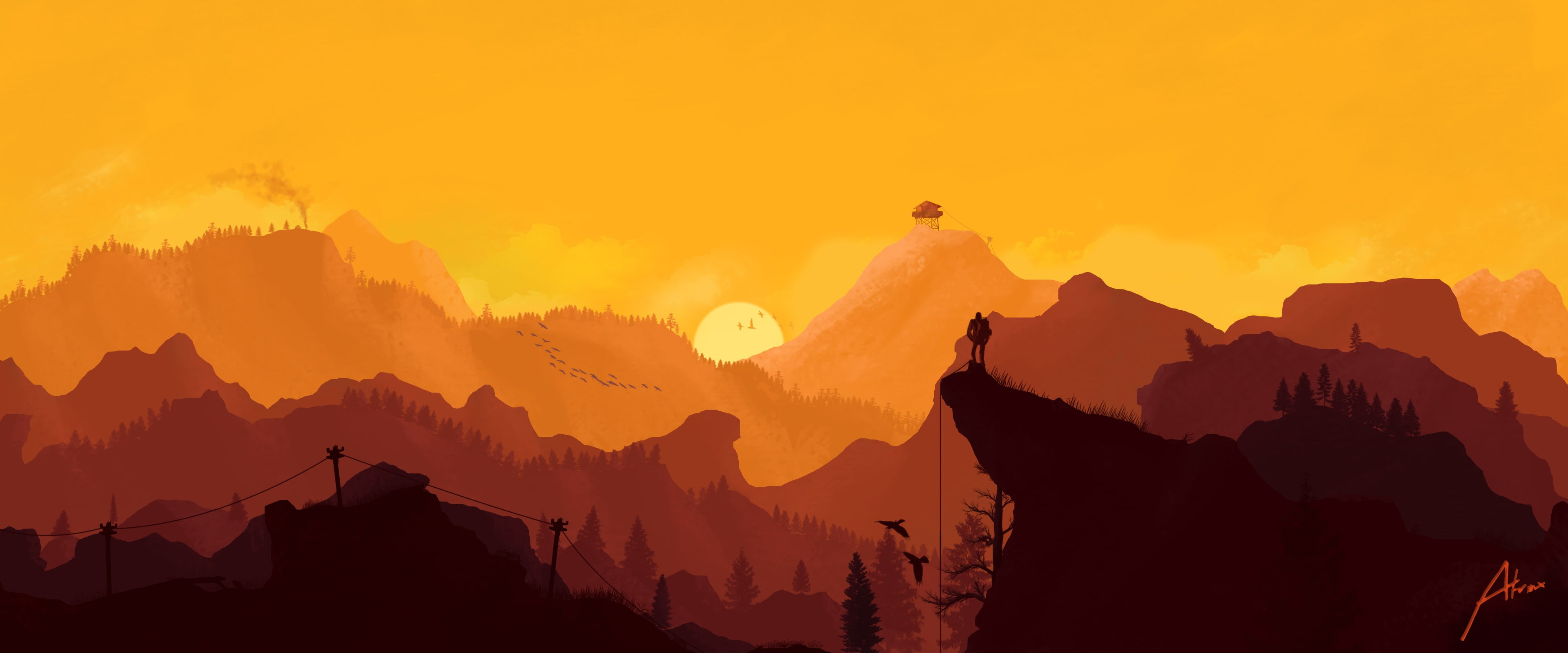 painting of mountains and trees Firewatch video games landscape 2k 4k