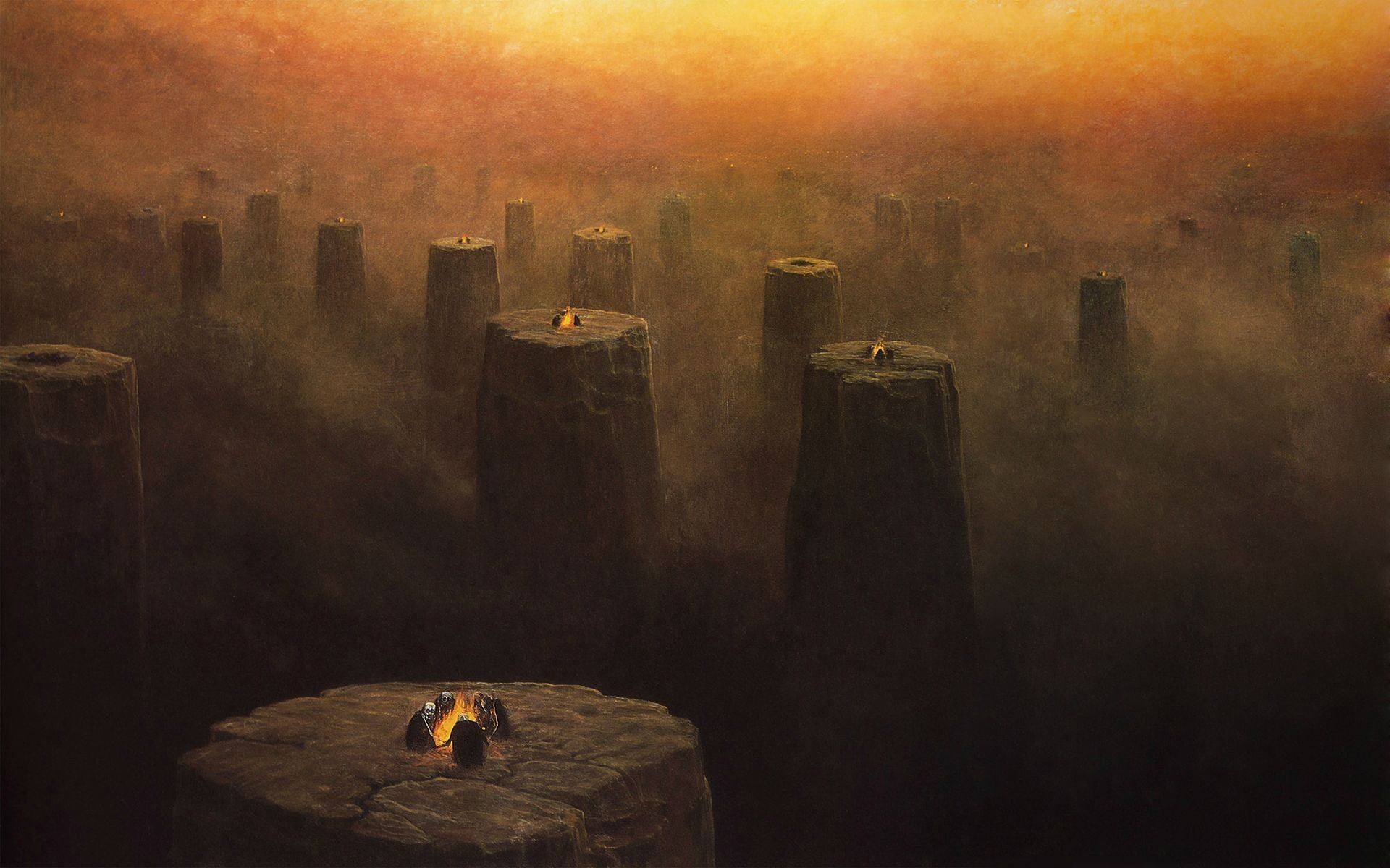 pillars with campfire on top Zdzis aw Beksi ski dark architecture 2k