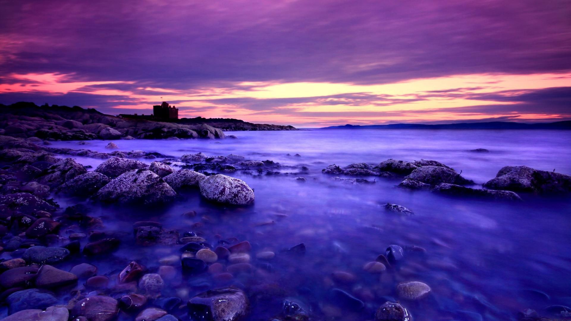 Purple Beach Sunset stones clouds nature and landscapes 2k