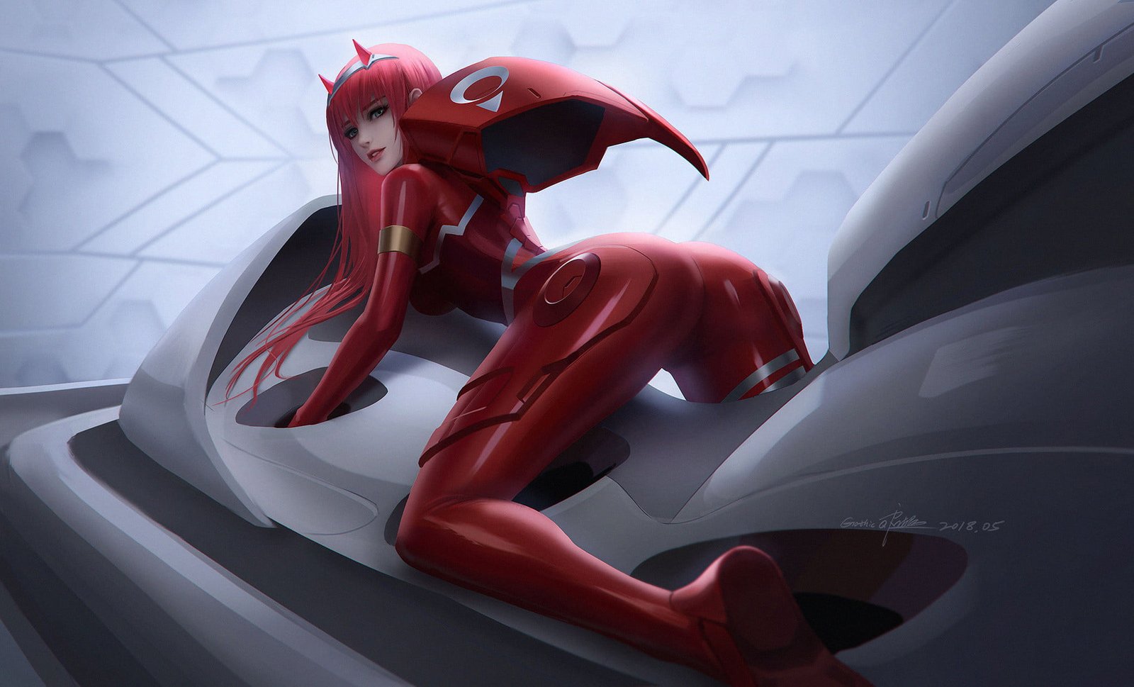 red anime character wallpaper Zero Two Darling in the FranXX 2k