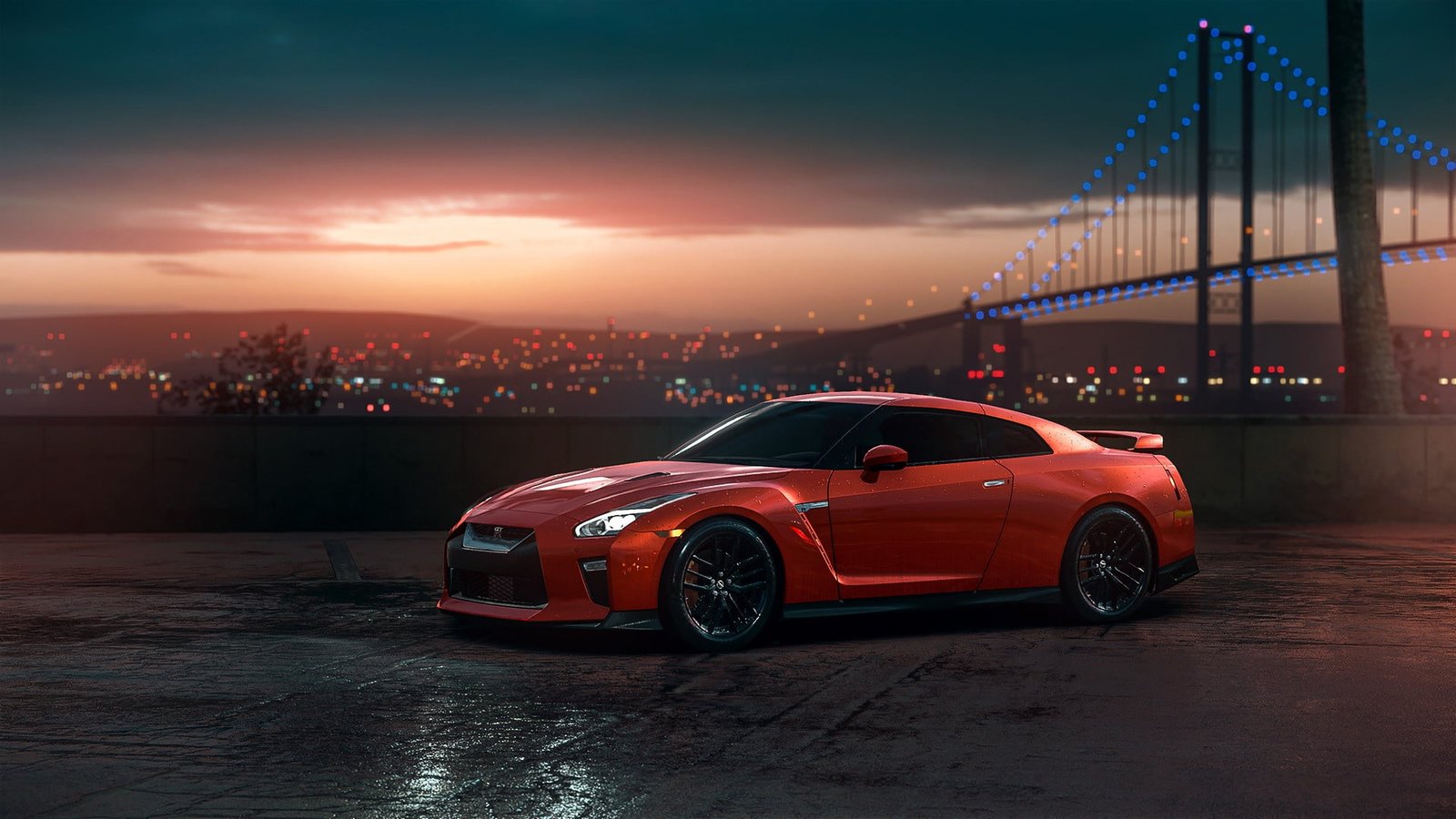 red Nissan GT R coupe GTR Car Sunset View transportation 2k