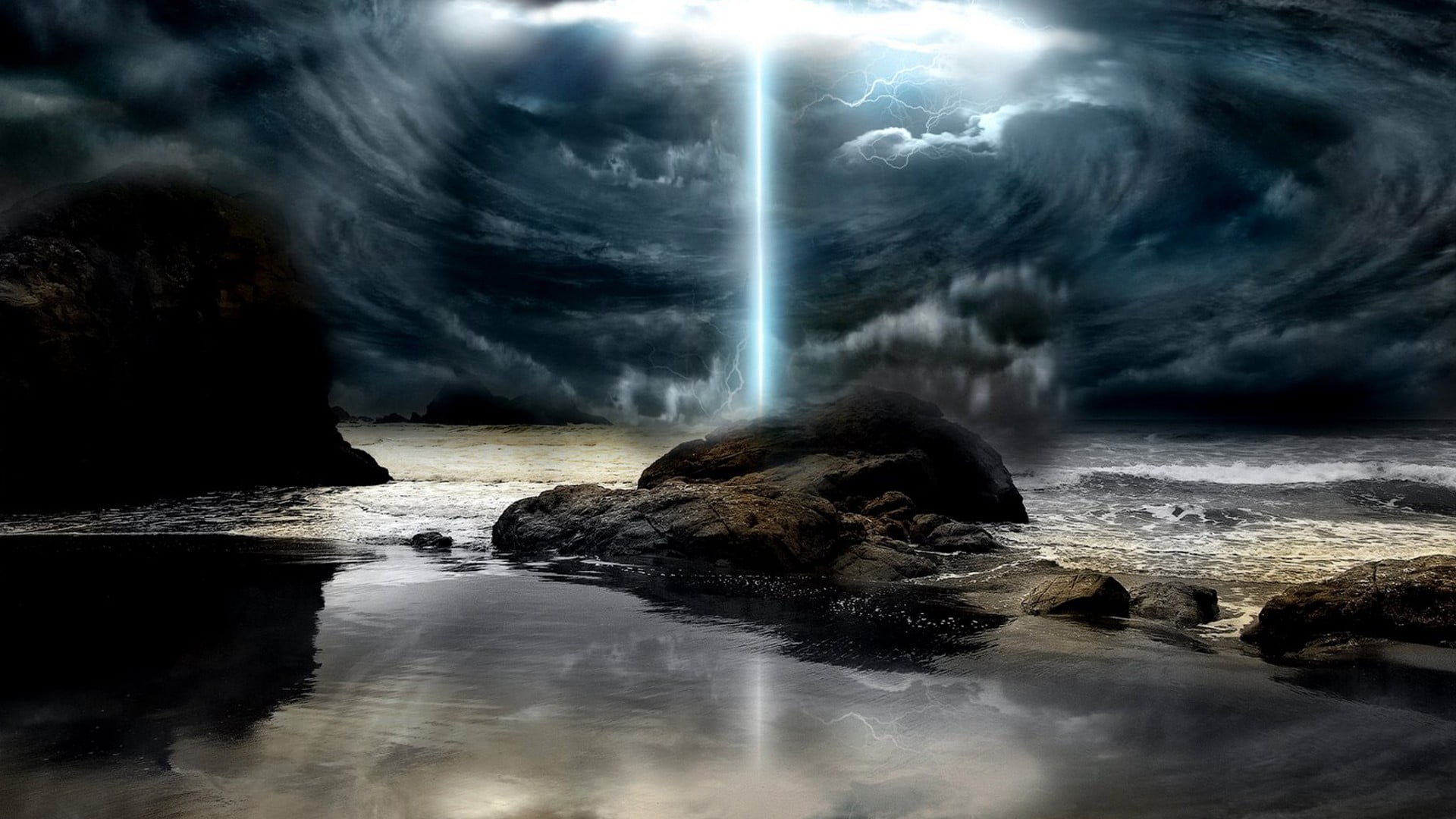 rock formation and light beam digital wallpaper render beach 2k