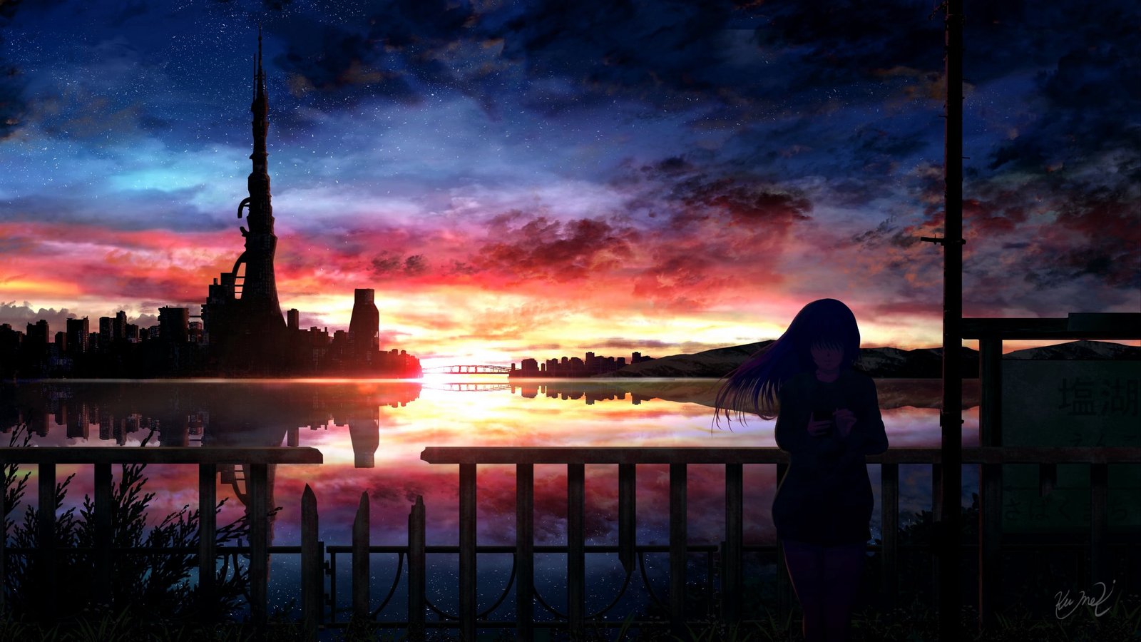 anime girls women city dark dusk silhouette digital 2k