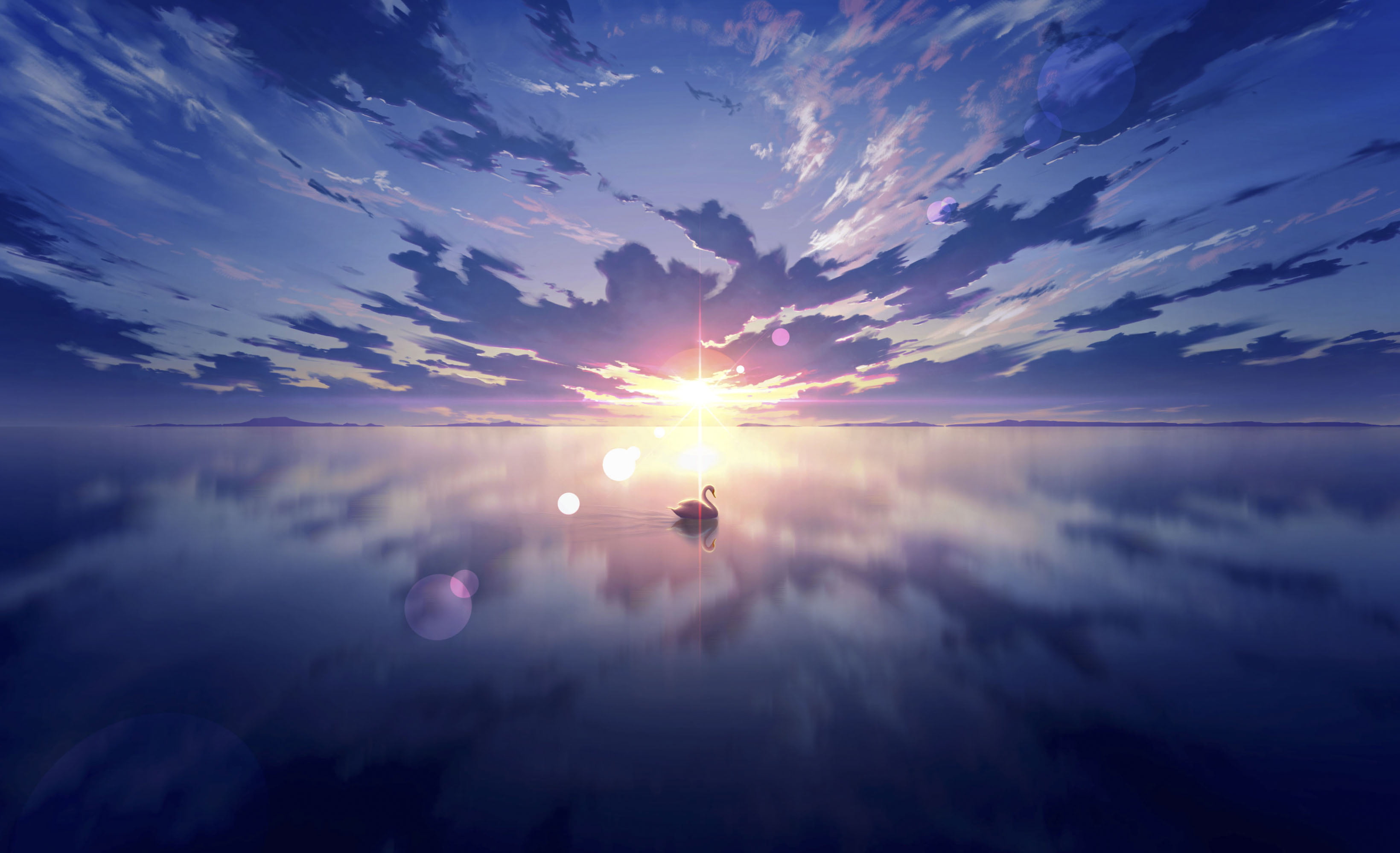 anime sky skyscape lake swan reflection shining 2k