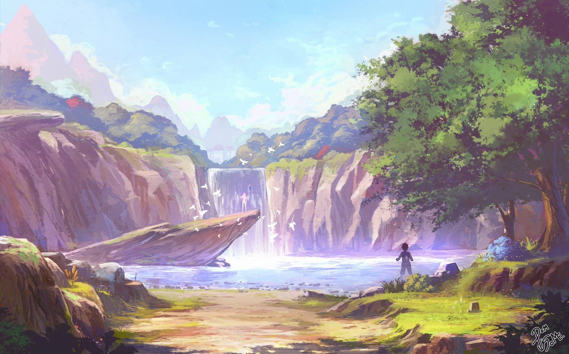 Anime Original Boy Lake Nature Scenery Sky Waterfall 2k