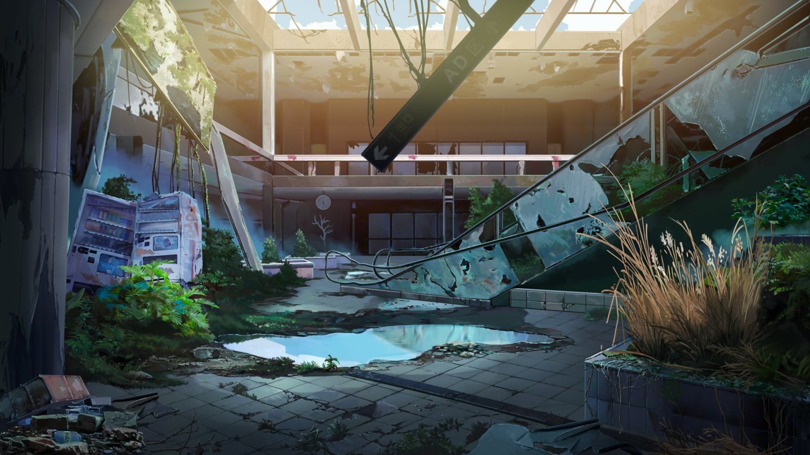 Anime Original Abandoned Building Escalator Moss Ruin 2k