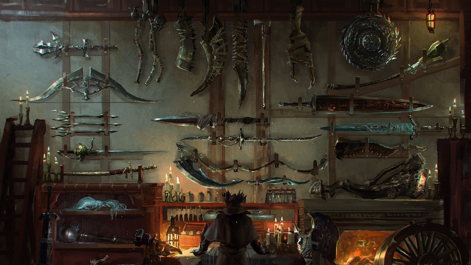 assorted type of weapons mounted in wall digital wallpaper games art 2k