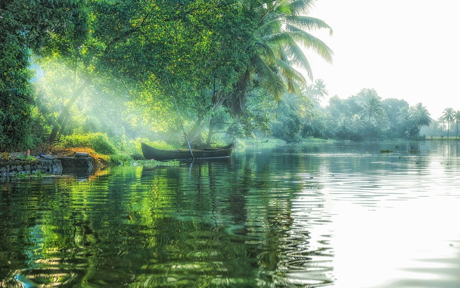 black boat on lake near green leafed trees landscape nature 2k