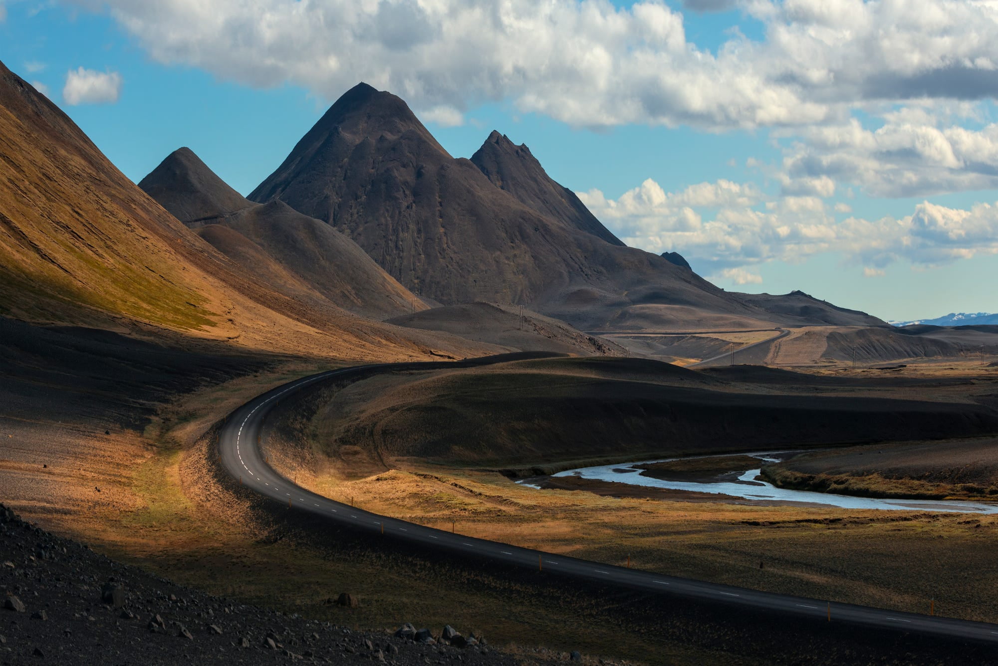 brown and black wooden board nature road mountains clouds 2k