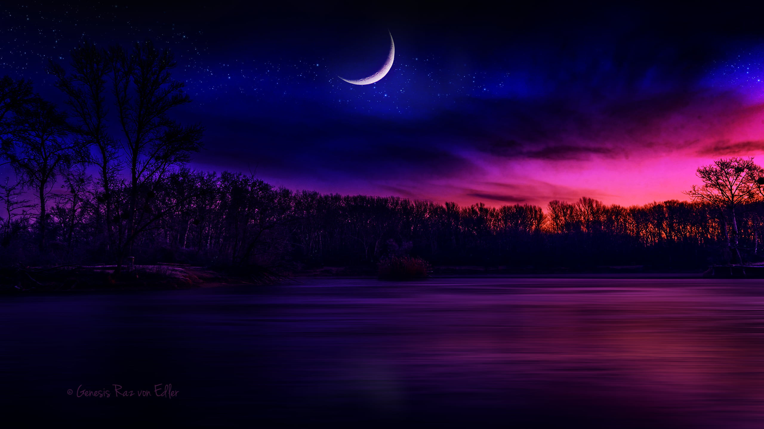 crescent moon illustration moonlight nature digital art water 2k