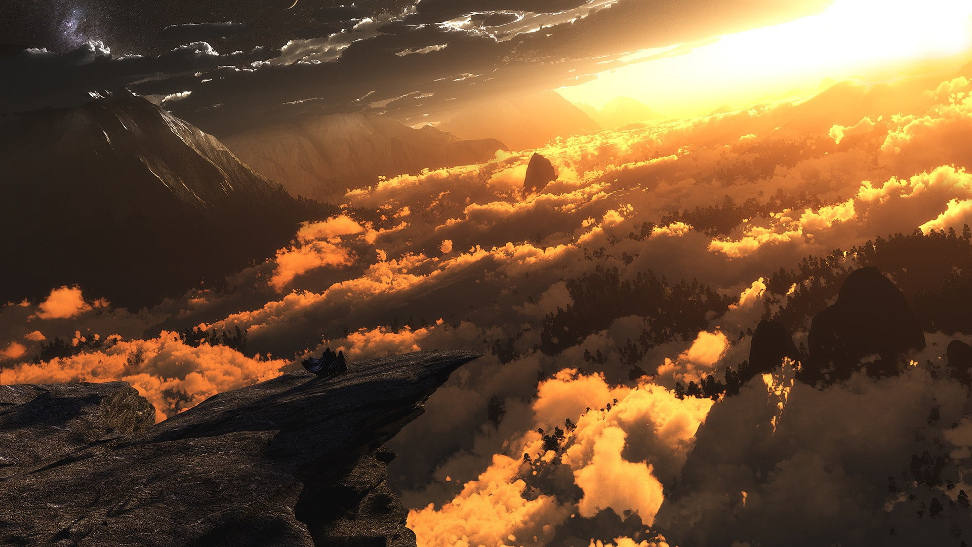 digital art clouds sunlight landscape mountains sunset 2k