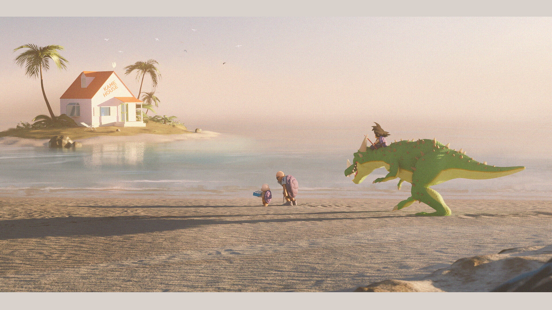 Dragon Ball Krillin Son Goku Master Roshi dinosaurs beach 2k