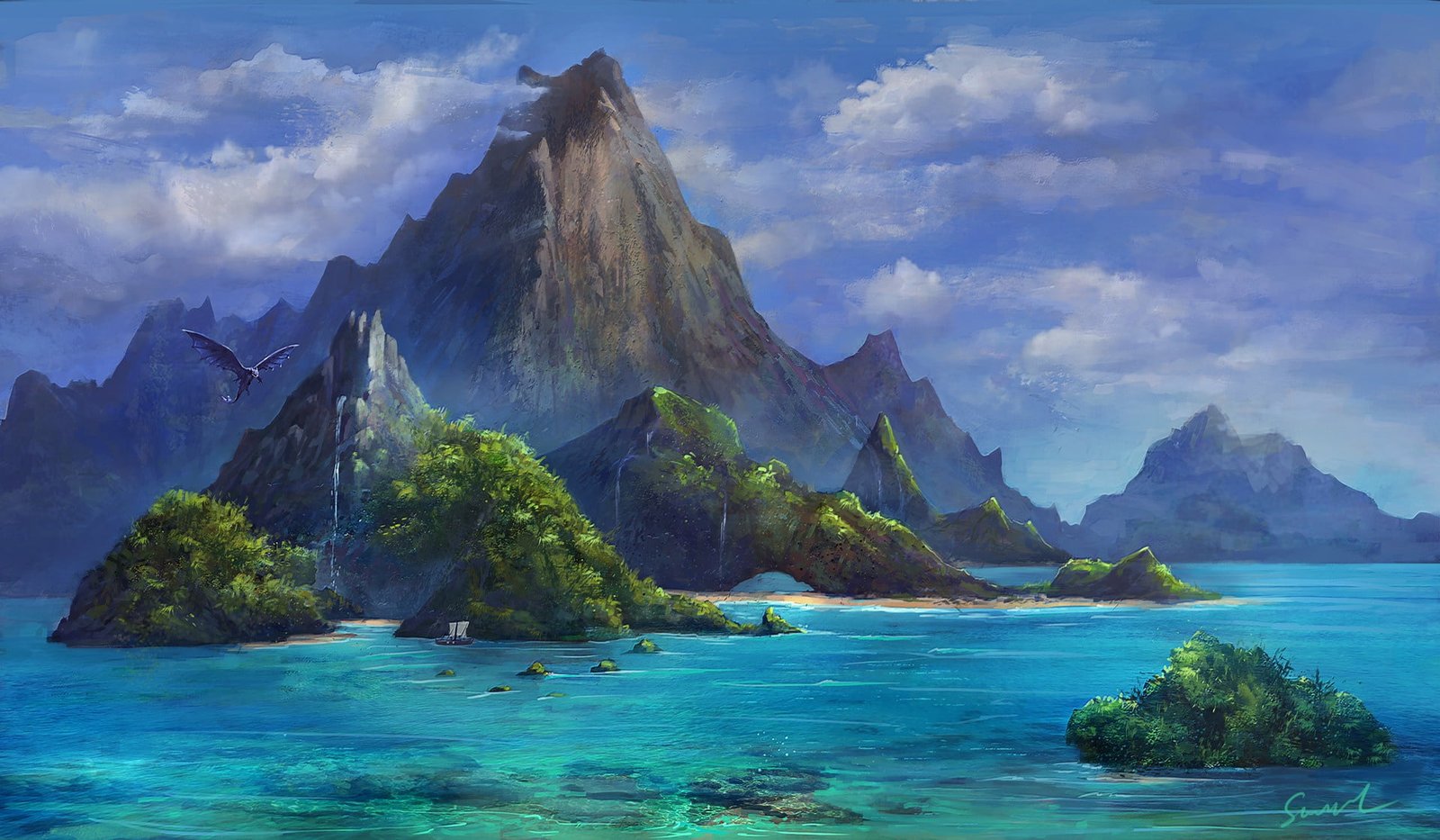 fantasy art island artwork nature dragon 2k