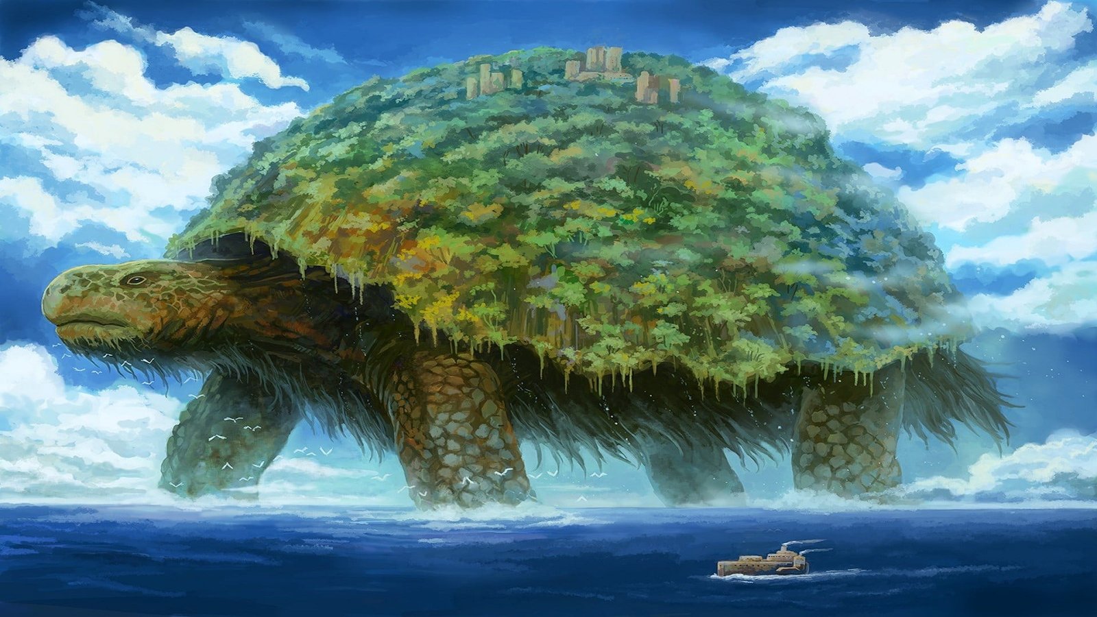 floating green turtle island digital wallpaper art nature 2k