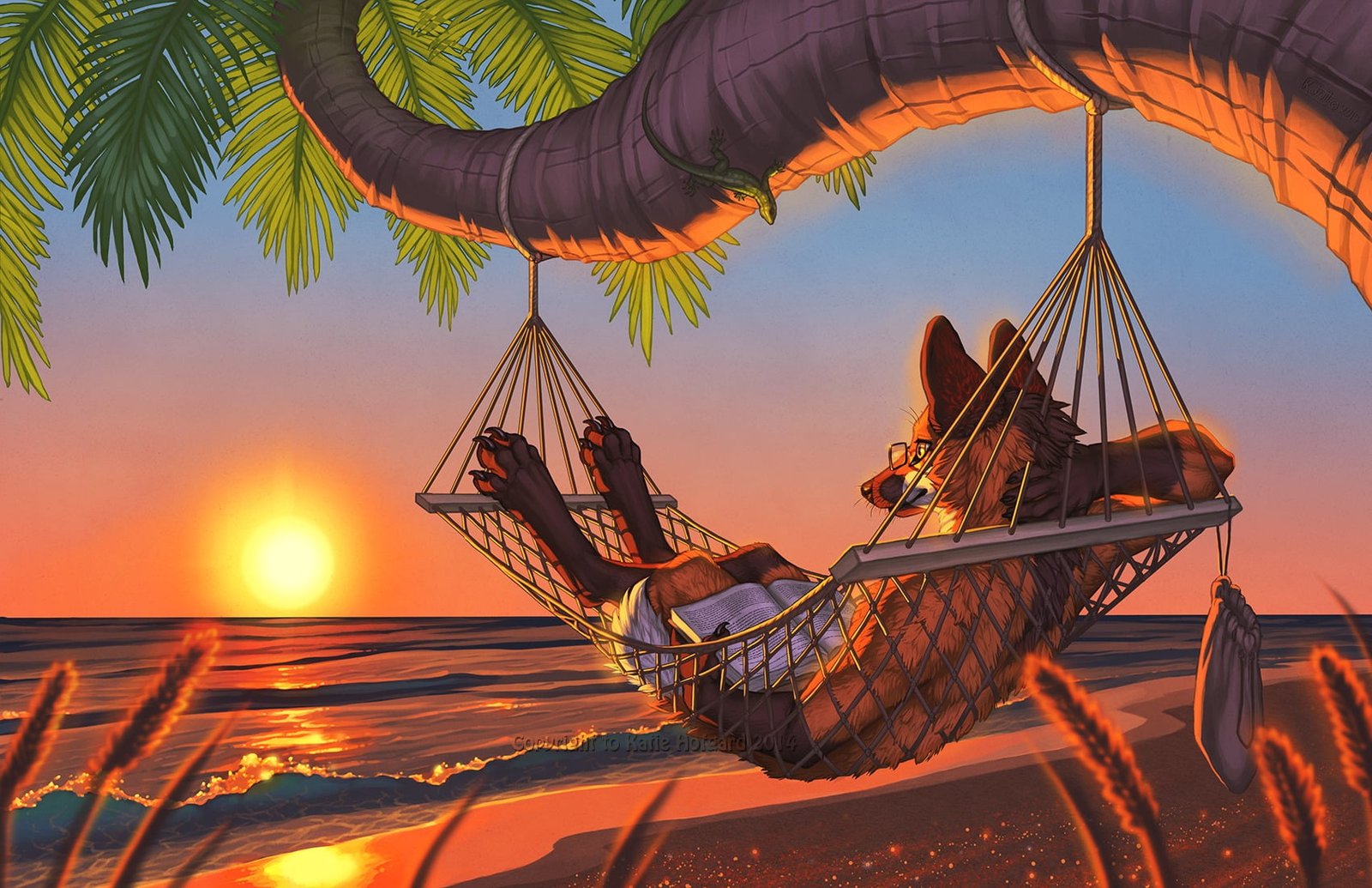 furry Anthro sunset sky water palm tree tropical climate 2k