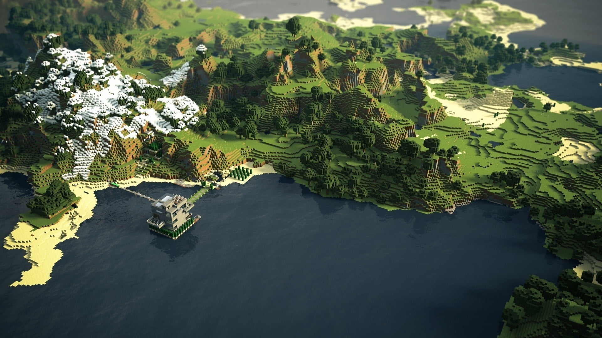 game map illustration Minecraft coast mountains trees beach 2k